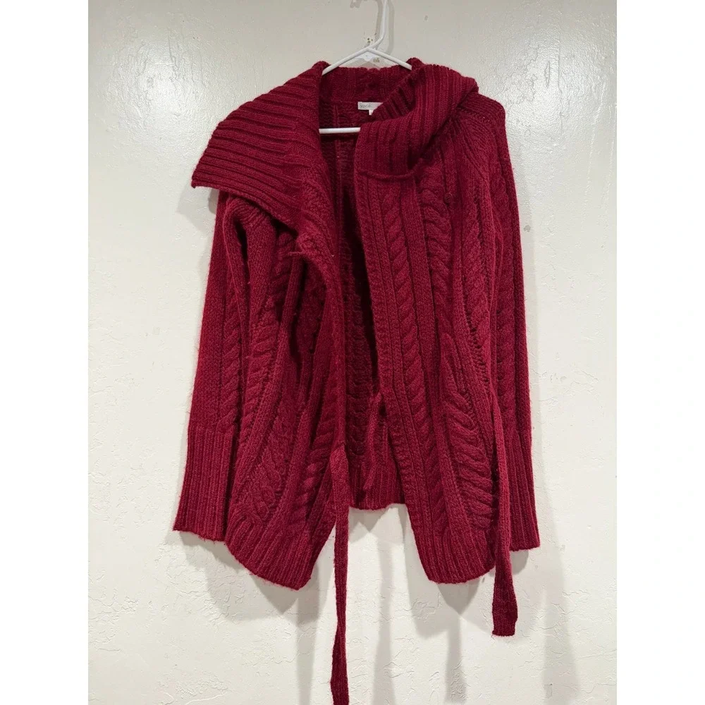 Vince Merino Wool Alpaca Cable Knit Wrap Cardigan Burgundy Red 70859 Medium